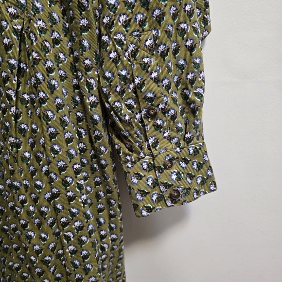 Anthropologie Corduroy Abs Vegan Leather Green Patterned Shirt Pockets Dress - Picture 8 of 13